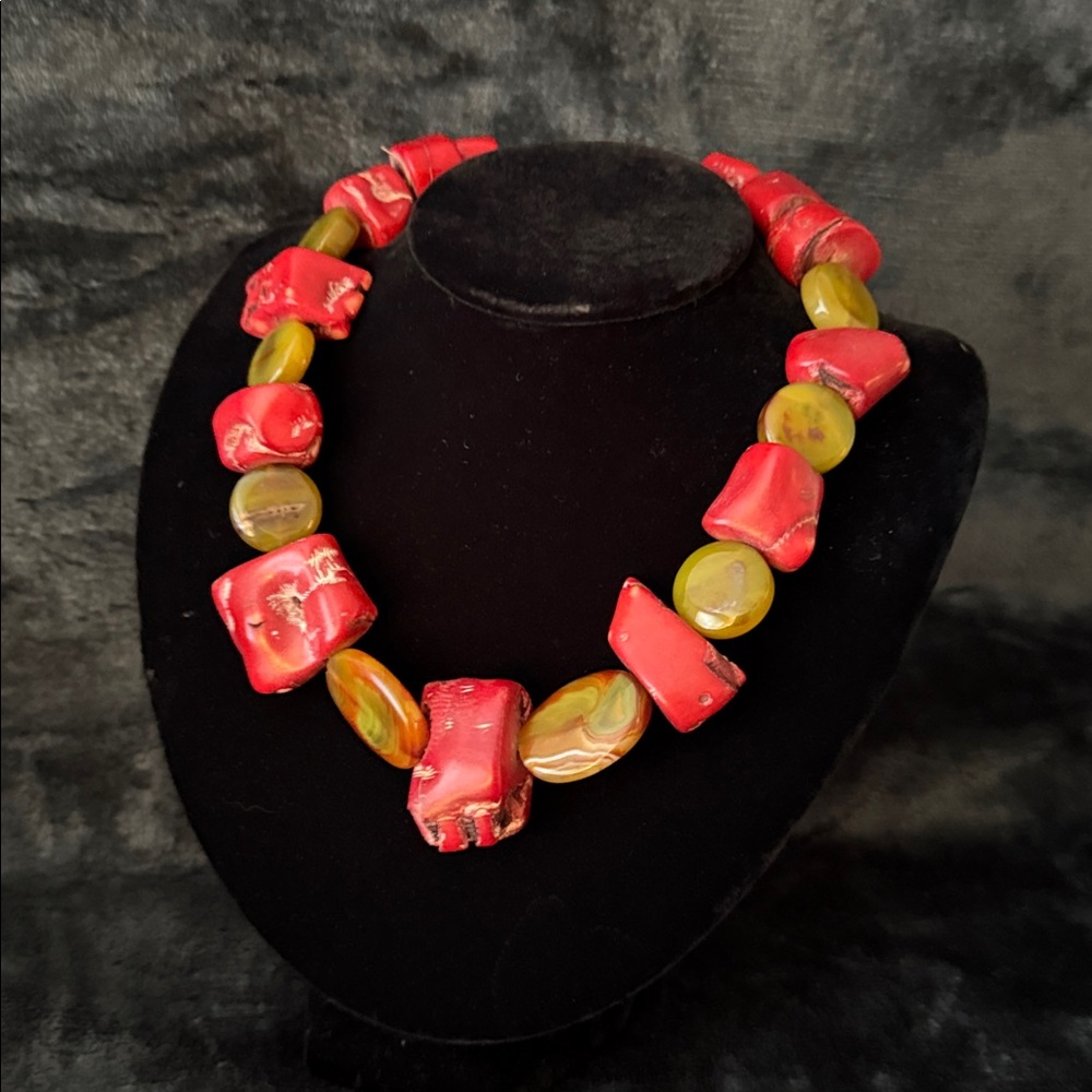 Red coral, genuine, natural, and Yellow agate Beaded Necklace statement big